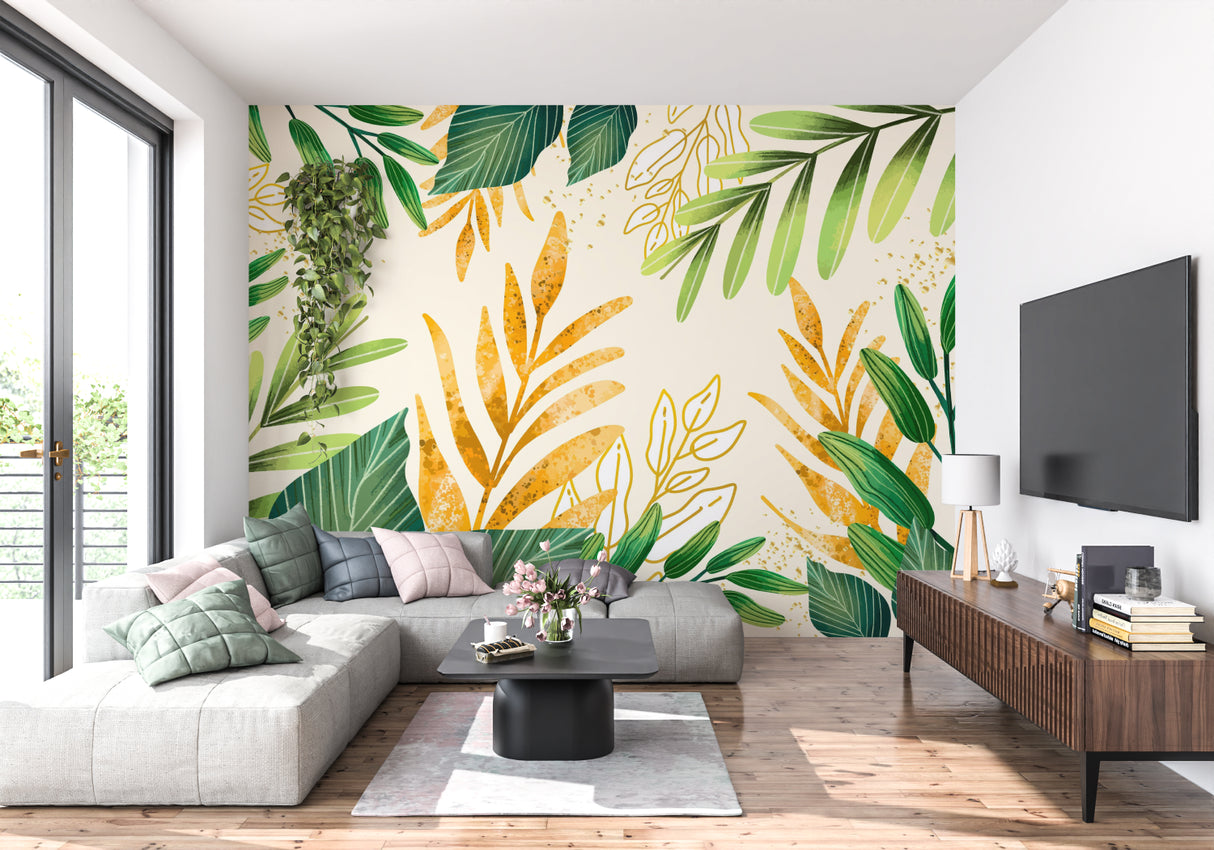 Tropical wall mural enhancing a modern dining room with natural elegance