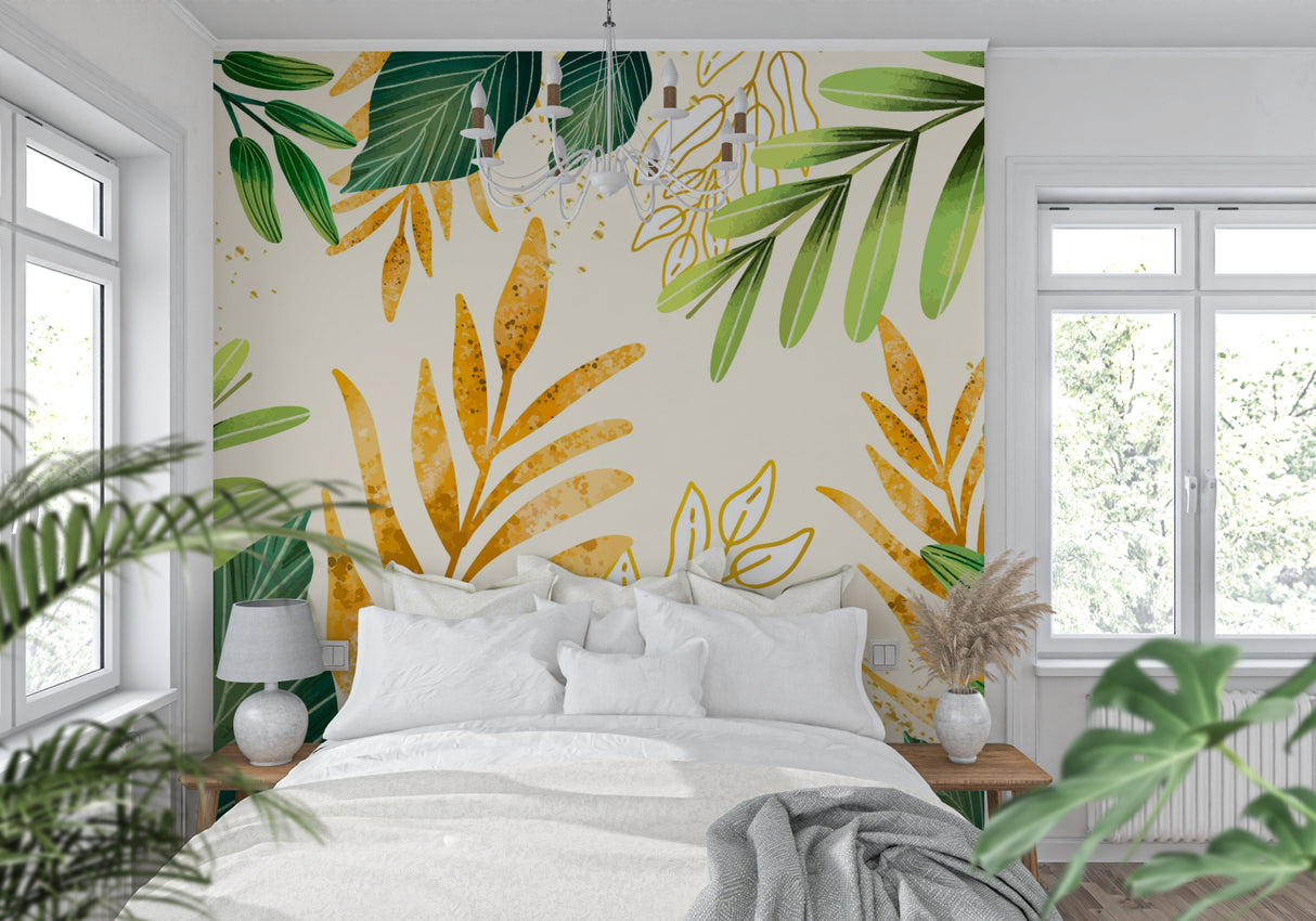 Botanical wall mural creating a fresh look in an entryway space