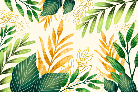 Design file showing detailed tropical leaf pattern with green and gold elements