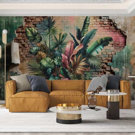 Tropical brick wallpaper with jungle leaves in a modern industrial loft living room, showing the perfect blend of urban and nature