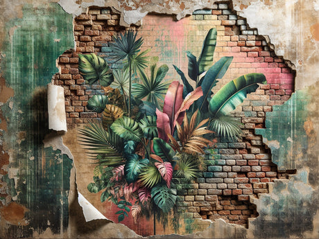 Tropical foliage and industrial brick design file showing detailed leaf patterns and texture