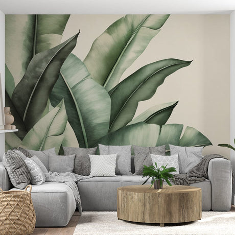Tropical banana leaf wallpaper mural in modern living room with natural light showing scale and green tones