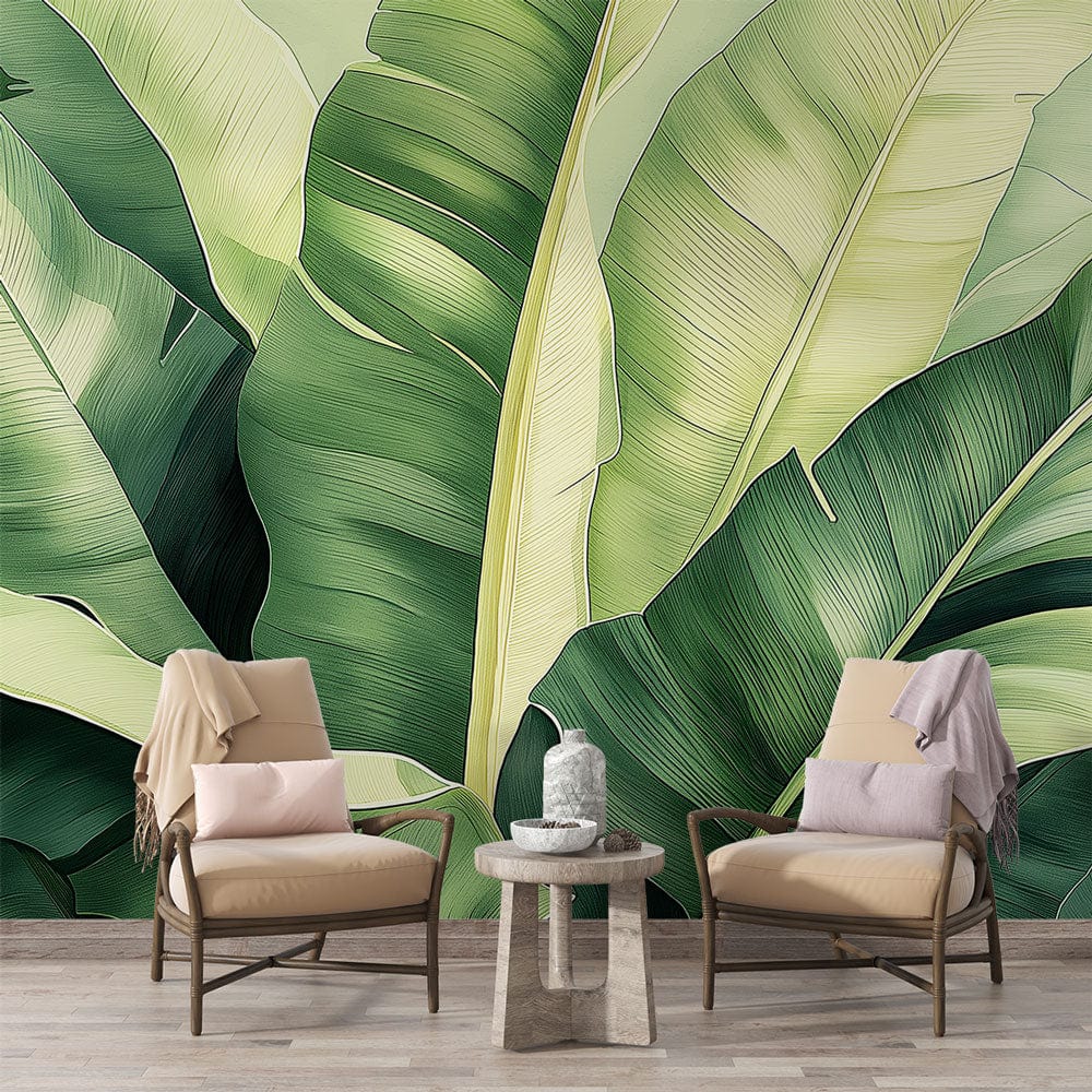 Tropical leaf wallpaper creating a lush atmosphere in modern living room with natural light and minimal furniture