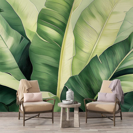 Tropical leaf wallpaper creating a lush atmosphere in modern living room with natural light and minimal furniture