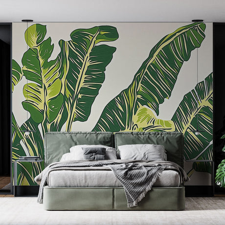 Tropical banana leaf wallpaper creating a fresh backdrop in a modern living room with natural light