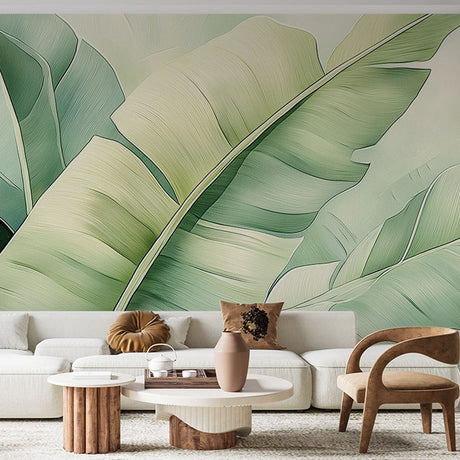 Tropical leaf wallpaper creating a peaceful atmosphere in a modern living room with natural light and minimal furniture