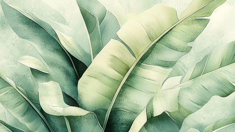 Banana leaf wallpaper design file showing detailed tropical pattern in soft sage green tones