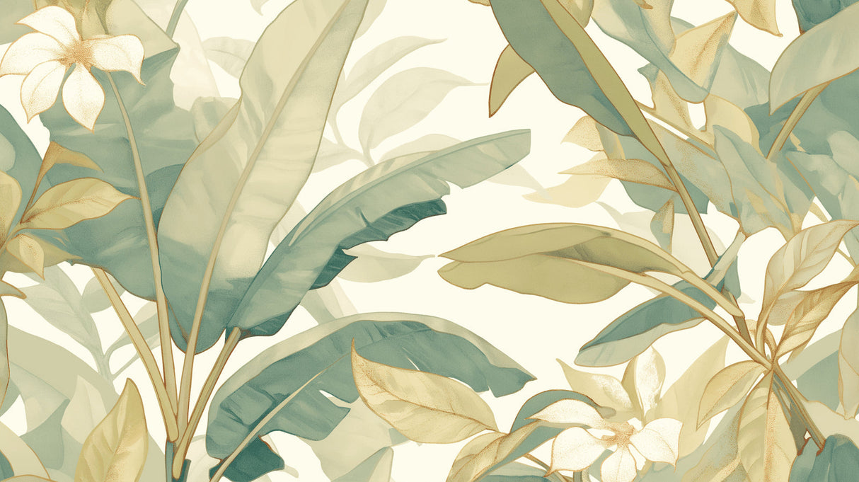 Banana leaves wallpaper design file showing sage green and gold pattern details