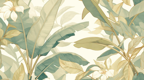 Banana leaves wallpaper design file showing sage green and gold pattern details