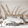 Tropical leaf wallpaper with beige banana leaves creating a calm atmosphere in a bright modern living room