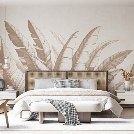 Tropical leaf wallpaper with beige banana leaves creating a calm atmosphere in a bright modern living room
