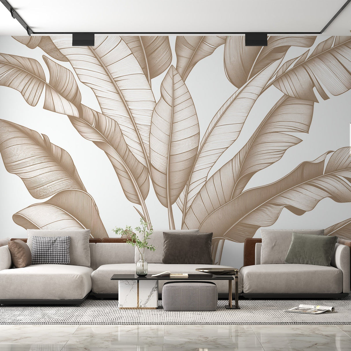 Tropical leaf wallpaper with beige banana leaves creating a calm atmosphere in a modern living room with natural light