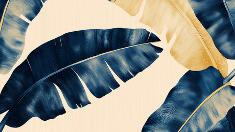 Tropical banana leaf wallpaper in navy and gold creating a stunning accent wall in a modern living room with natural light