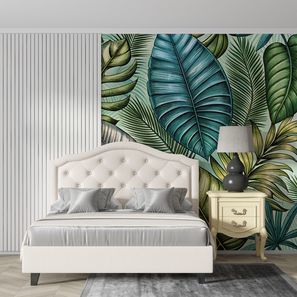 Tropical leaf wallpaper in modern living room with white sofa and natural light