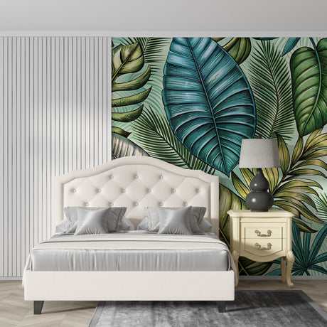 Tropical leaf wallpaper in modern living room with white sofa and natural light