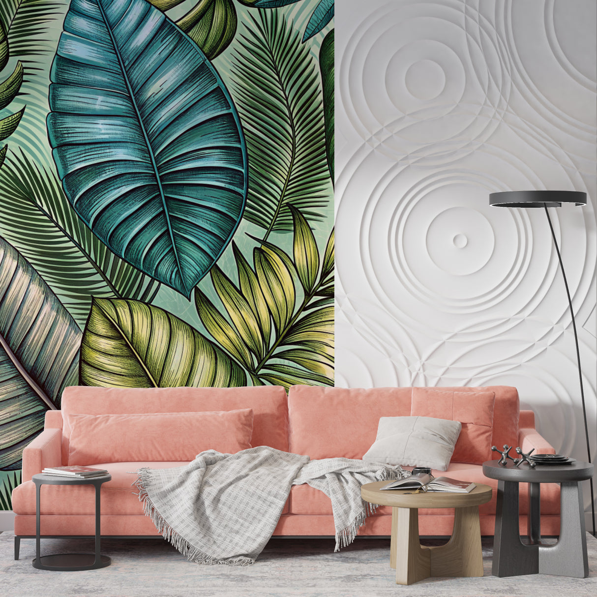 Large tropical leaves wallpaper creating statement wall in master bedroom