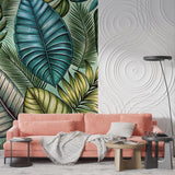 Large tropical leaves wallpaper creating statement wall in master bedroom