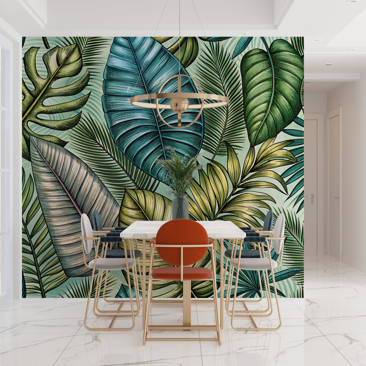 Monstera leaf wallpaper in home office with minimal desk setup