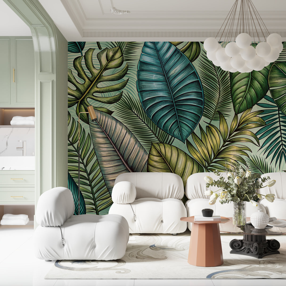 Botanical wall mural bringing nature into contemporary bathroom space
