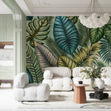 Botanical wall mural bringing nature into contemporary bathroom space
