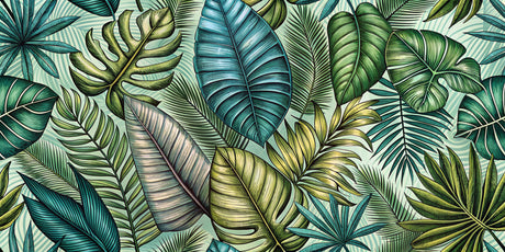 Tropical leaves wallpaper design file showing detailed leaf pattern and mint background
