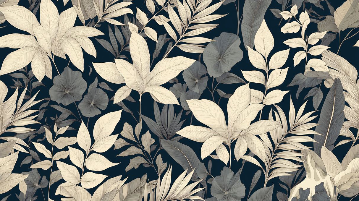 Large botanical leaves design file showing detailed cream and gray foliage pattern on black background