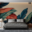 Tropical leaf wallpaper creating a bold statement in a modern living room with teal and terracotta accents