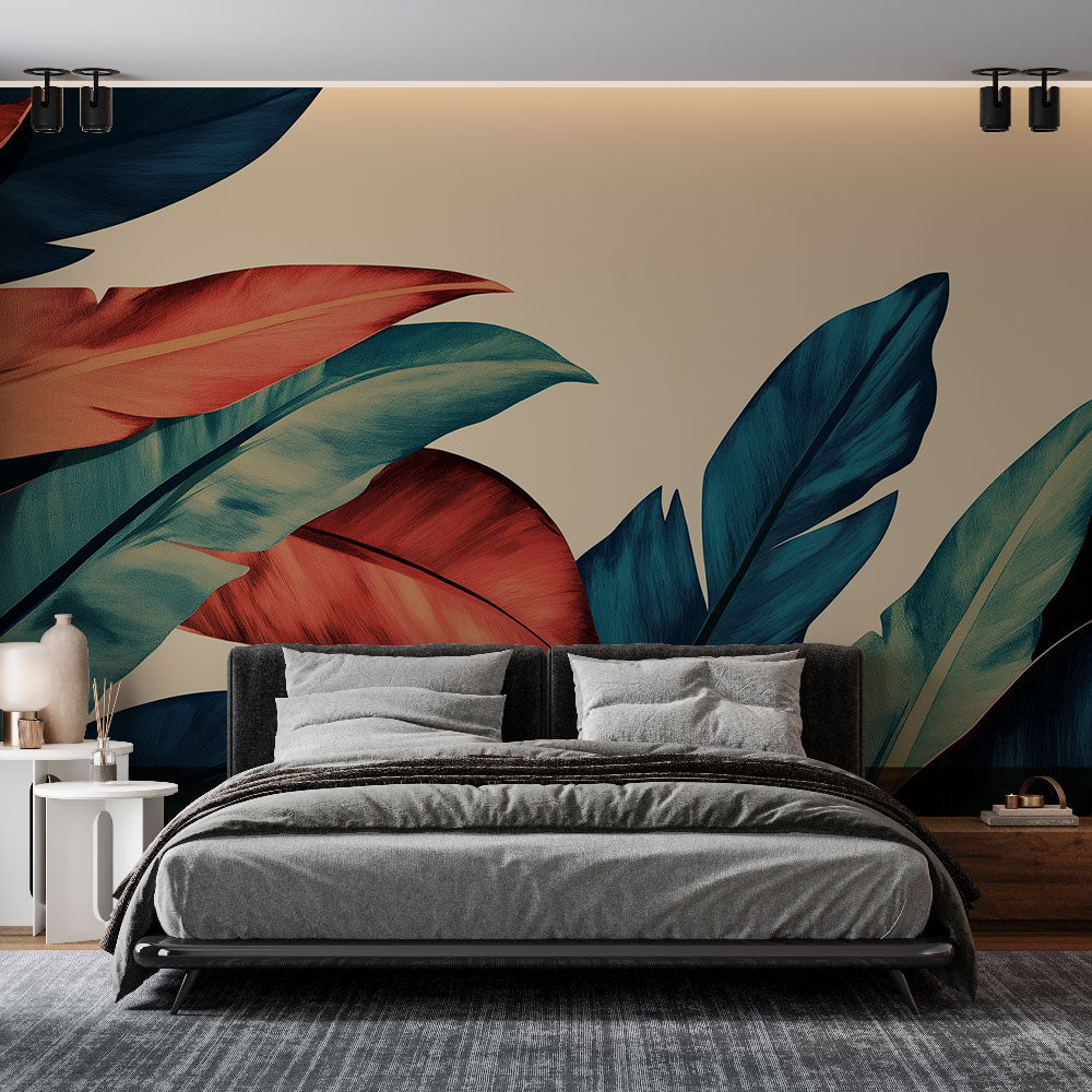 Tropical leaf wallpaper creating a bold statement in a modern living room with teal and terracotta accents