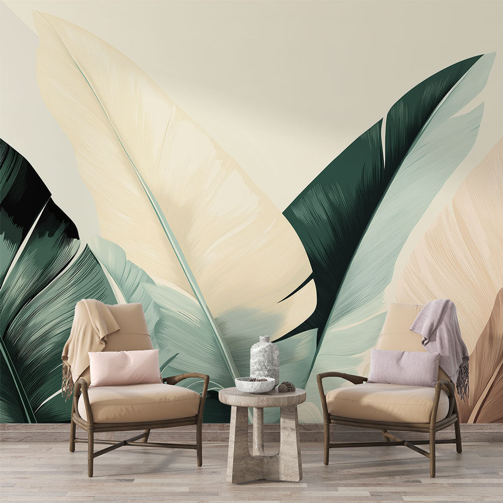 Tropical leaf wallpaper with oversized green feathers creating a calm atmosphere in a modern living room