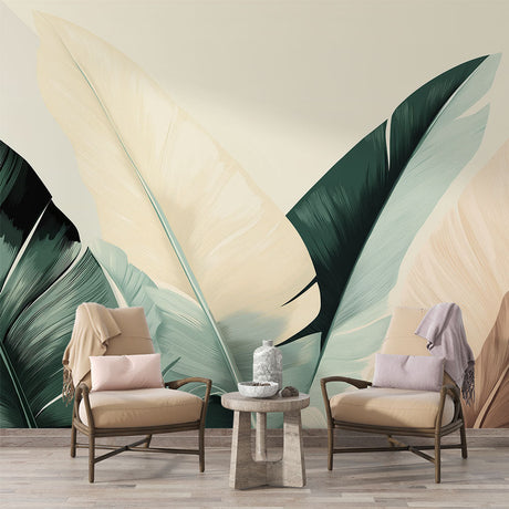 Tropical leaf wallpaper with oversized green feathers creating a calm atmosphere in a modern living room