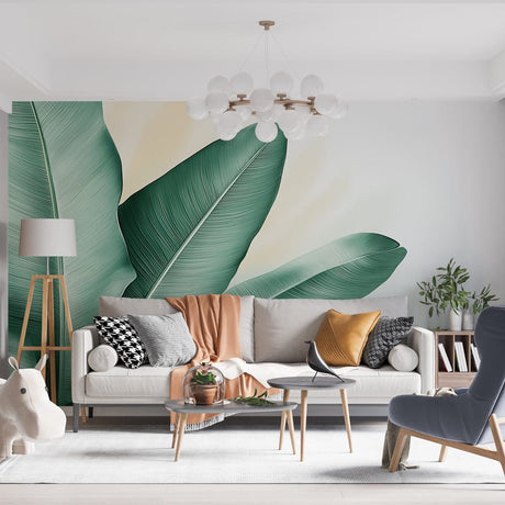 Tropical leaf wallpaper with large banana leaves creating a calm atmosphere in a modern living room setting