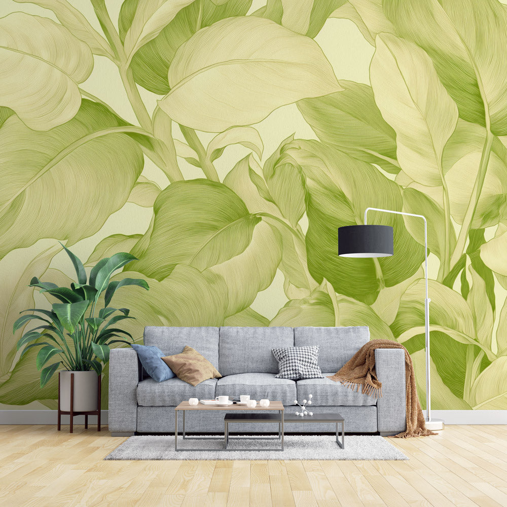 Tropical foliage wallpaper creating a calm oasis in a modern living room with natural light