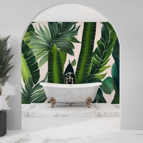 Tropical palm leaf wallpaper creating a peaceful atmosphere in a modern living room with natural light