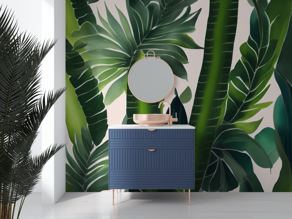 Green palm leaves mural wallpaper in a master bedroom adding natural charm