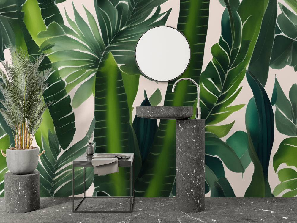 Botanical wall mural bringing tropical vibes to a contemporary dining room