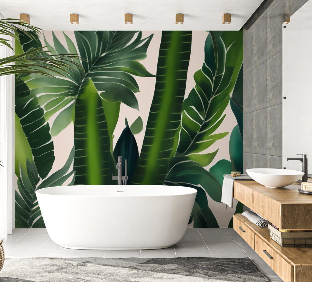 Large palm leaf wallpaper transforming a home office into a fresh workspace
