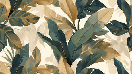 Green and gold monstera wall mural adding natural beauty to a bright dining room