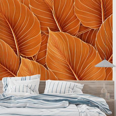 Tropical banana leaf wallpaper in orange creates a warm and inviting modern living room atmosphere