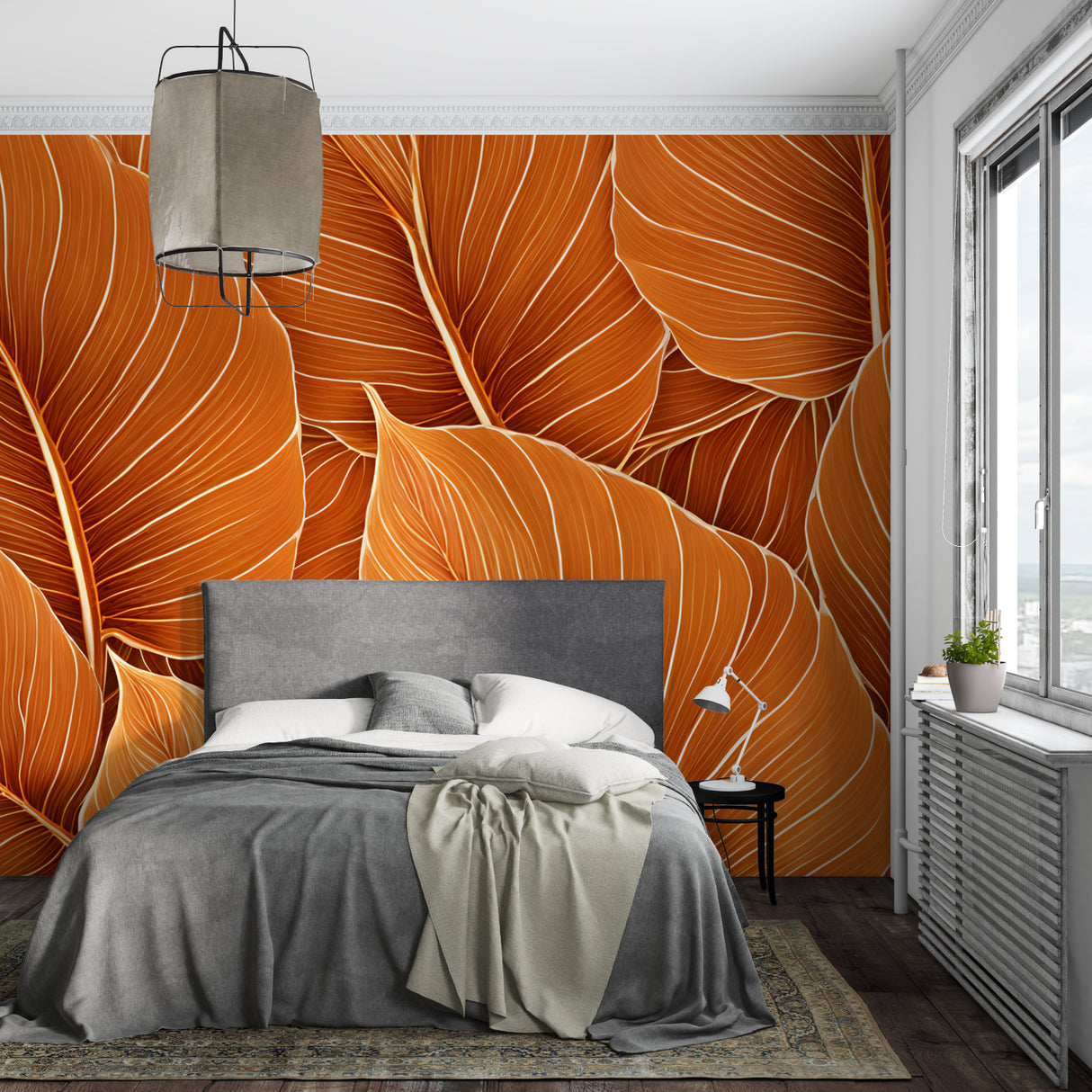 Orange tropical leaves mural adds energy to a bright dining room setting