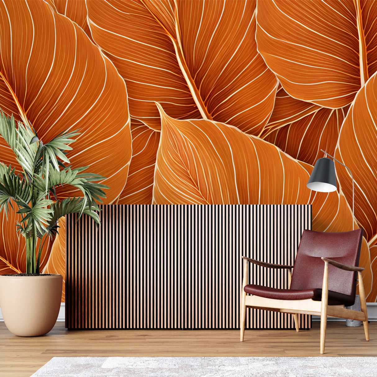 Botanical orange leaf wallpaper transforms a home office with natural warmth