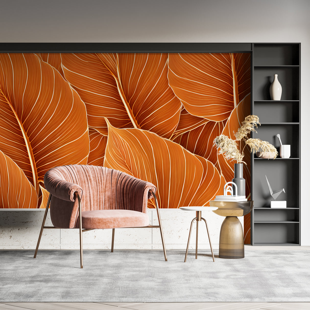Large-scale orange banana leaves create depth in a modern bedroom space