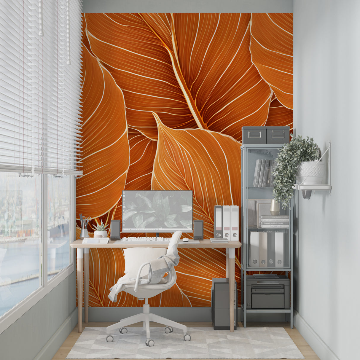 Tropical orange leaf mural brings energy to a clean, minimal hallway