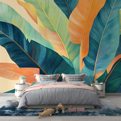 Tropical leaf wallpaper creating a stunning accent wall in a modern living room with natural light and green plants