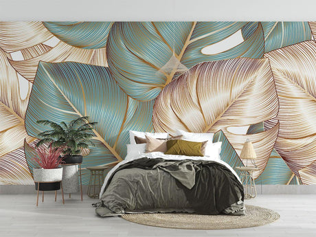 Tropical leaf wallpaper in modern living room showing teal and gold botanical pattern creating depth