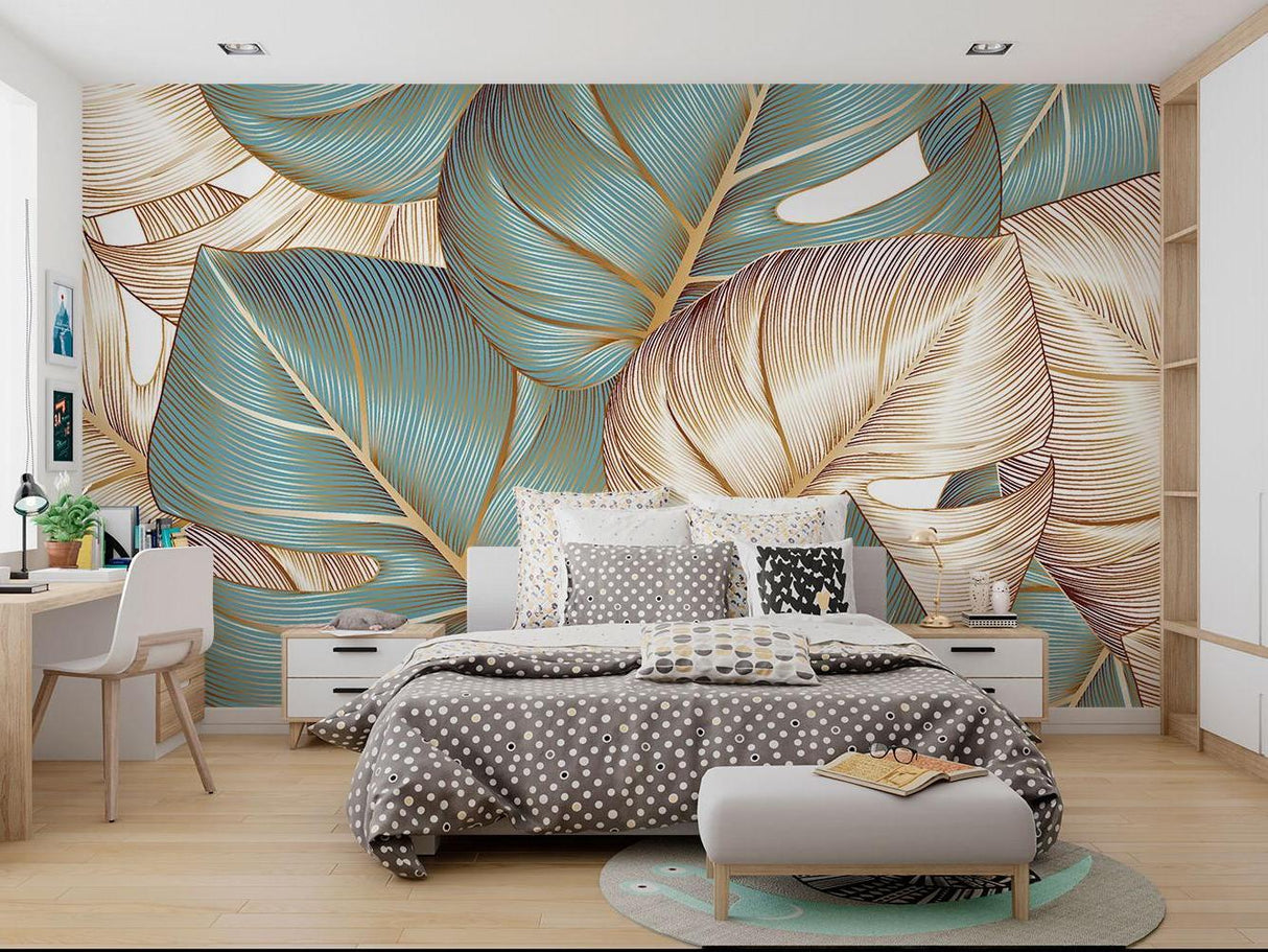 Master bedroom with large scale tropical wall mural featuring golden accents