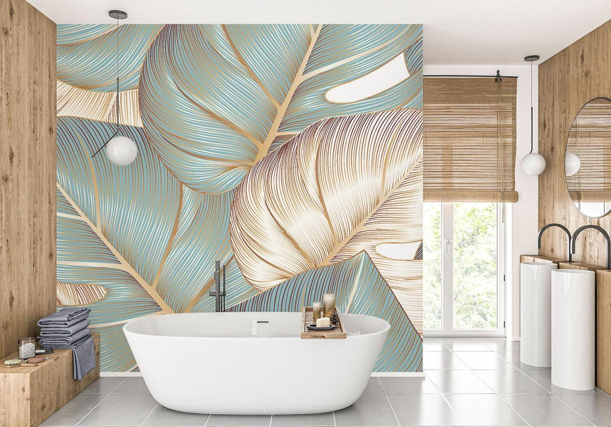 Dining room showcase of teal and gold leaf wallpaper mural in natural light