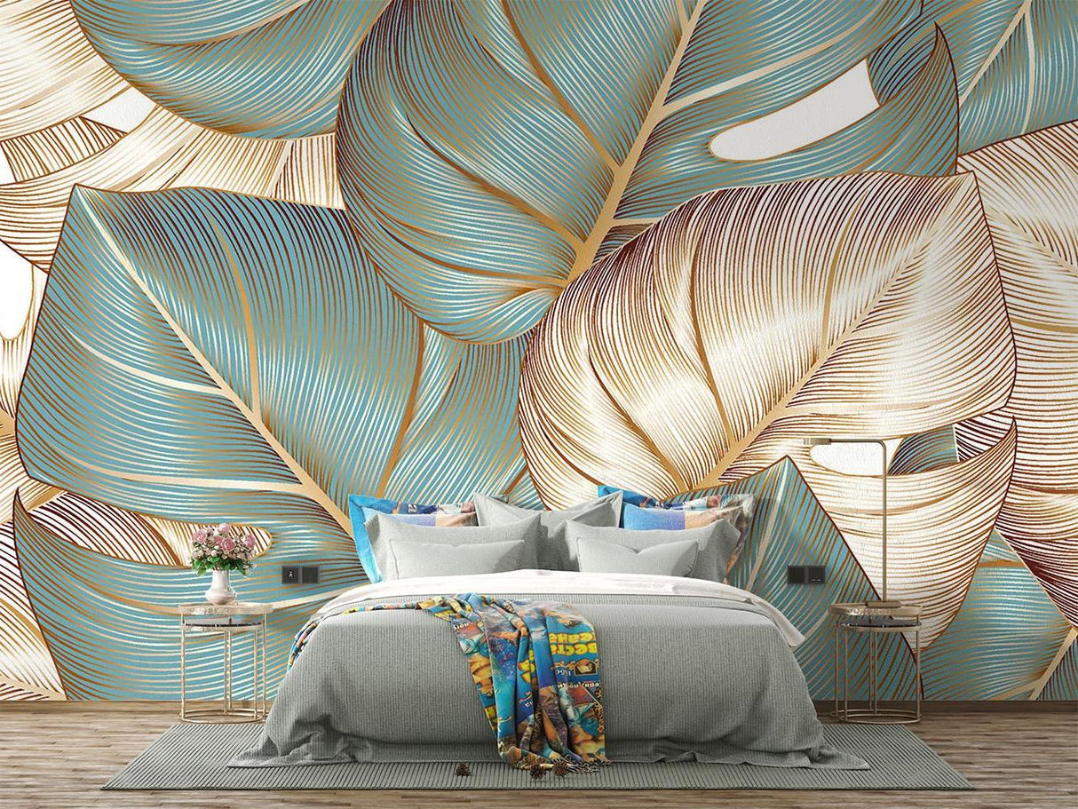 Home office featuring botanical wall mural with oversized teal leaves and metallic details