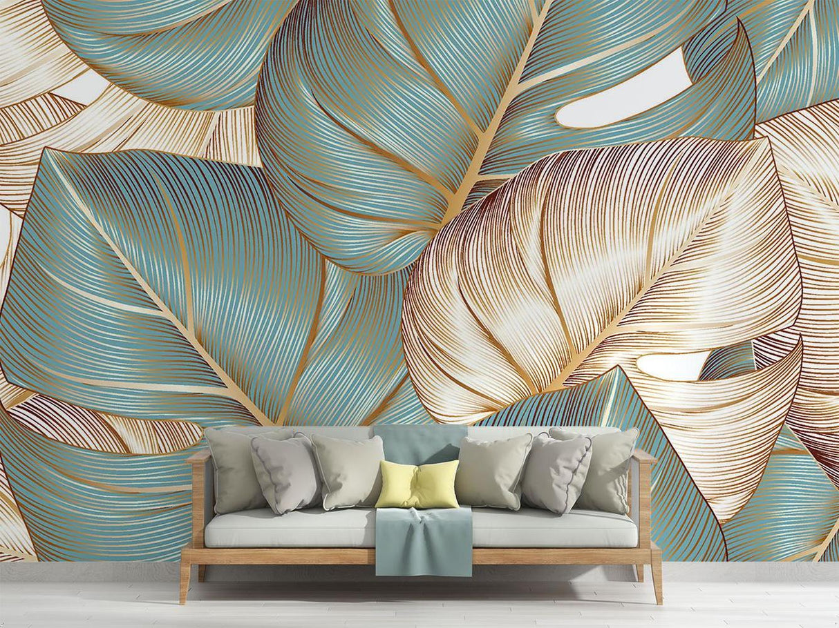 Bathroom with tropical leaf wallpaper showing scale of teal and gold pattern
