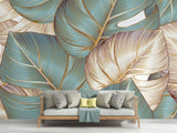 Bathroom with tropical leaf wallpaper showing scale of teal and gold pattern