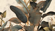 Tropical leaf wallpaper with copper accents creating a calm atmosphere in a modern living room setting